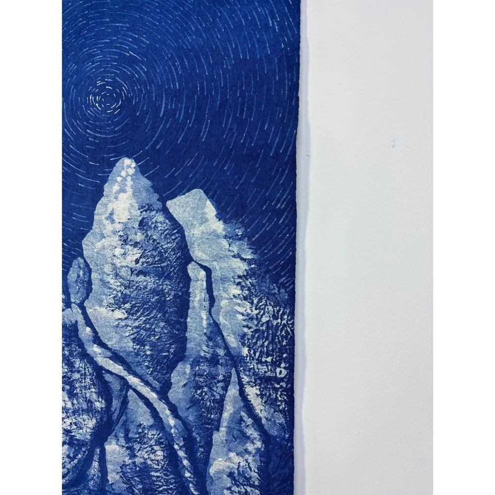 Star Trail Mountain Wall Art | Handmade Indigo Batik Tapestry | Astronomy Gift